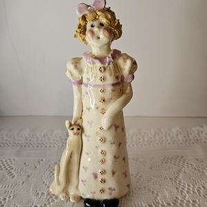 VTG Collectible Pottery Girl with  Cat By Her Side Figurine signed, Grandmacore
